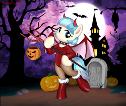 Size: 1524x1288 | Tagged: safe, artist:vinilyart, imported from derpibooru, coco pommel, bat, earth pony, pony, semi-anthro, clothes, costume, devil horns, gravestone, halloween, halloween costume, holiday, horns, house, jack-o-lantern, moon, nightmare night, pumpkin, pumpkin bucket, tree, trident