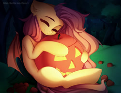 Size: 1500x1158 | Tagged: safe, artist:shavurrr, imported from derpibooru, fluttershy, bat, bat pony, pony, apple, bat ponified, cute, eyes closed, flutterbat, food, halloween, holiday, jack-o-lantern, night, pumpkin, race swap, shyabates, shyabetes, smiling, solo