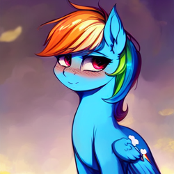 Size: 512x512 | Tagged: safe, imported from derpibooru, rainbow dash, pegasus, pony, ai content, ai generated, blushing, generator:stable diffusion, looking at you, solo