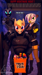 Size: 2160x3840 | Tagged: safe, artist:senthaurekmern, imported from derpibooru, gilda, nightmare moon, oc, oc:nickyequeen, anthro, donkey, griffon, 3d, armor, clothes, commissioner:nickyequeen, costume, halloween, holiday, male, nightmare night, robbery, source filmmaker, trick or treat, unaware