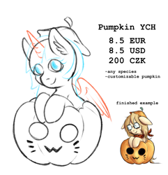 Size: 1689x1752 | Tagged: safe, artist:coco-drillo, imported from derpibooru, oc, pony, :3, advertisement, commission, commission info, ear fluff, halloween, holiday, looking at you, pumpkin, simple background, white background, ych example, ych result, ych sketch, your character here