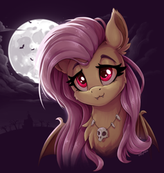 Size: 1284x1356 | Tagged: safe, artist:zeepheru_pone, imported from derpibooru, fluttershy, bat, bat pony, pegasus, pony, :3, bat wings, cheek fluff, chest fluff, cloud, cute, ear fluff, female, flutterbat, jewelry, looking at you, mare, moon, necklace, race swap, shyabates, shyabetes, skull, smiling, solo, sweet apple acres, wings