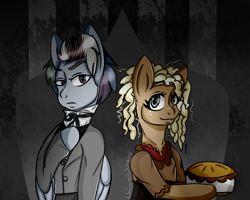 Size: 1280x1024 | Tagged: safe, artist:chimmycherr, imported from derpibooru, applejack, rainbow dash, earth pony, pegasus, pony, appledash, clothes, crossover, curly hair, female, food, freckles, halloween, height difference, holiday, lesbian, mare, nightmare night, pie, shipping, suit, sweeney todd, wings