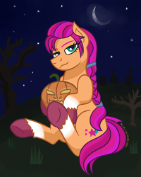 Size: 800x1000 | Tagged: safe, artist:friedrich911, imported from derpibooru, sunny starscout, earth pony, pony, braid, braided ponytail, cementary, crescent moon, female, g5, gravestone, halloween, holiday, jack-o-lantern, looking at you, mare, moon, night, night sky, nightmare night, ponytail, pumpkin, sky, solo