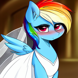 Size: 512x512 | Tagged: safe, imported from derpibooru, rainbow dash, pegasus, pony, ai content, ai generated, blushing, clothes, dress, generator:stable diffusion, looking at you, solo, wedding dress