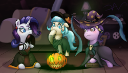 Size: 3500x2021 | Tagged: safe, artist:swasfews, imported from derpibooru, coco pommel, rarity, suri polomare, earth pony, pony, unicorn, blushing, book, clothes, costume, dress, ear piercing, female, floppy ears, halloween, hat, holiday, jack-o-lantern, mare, nightmare night costume, piercing, pumpkin, spellbook, trio, trio female, witch costume, witch hat