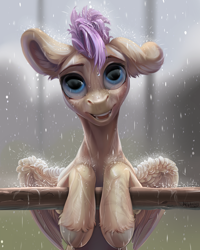 Size: 2400x3000 | Tagged: safe, artist:mithriss, imported from derpibooru, oc, oc only, oc:bulwark, pegasus, pony, male, one ear down, open mouth, open smile, rain, smiling, solo, stallion, wet, wet mane, wings