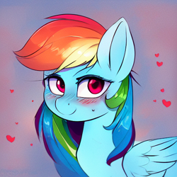 Size: 512x512 | Tagged: safe, imported from derpibooru, rainbow dash, pegasus, pony, ai content, ai generated, blushing, female, floating heart, folded wings, generator:stable diffusion, half body, heart, looking at you, mare, smiling, smiling at you, solo, wings