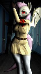 Size: 2160x3840 | Tagged: safe, artist:nologo, imported from derpibooru, fluttershy, anthro, bat pony, undead, vampire, 3d, angry, anti-tank rifle, armband, bat ponified, clothes, cosplay, costume, crossover, fangs, female, flutterbat, gun, hallway, hellsing, hellsing ultimate, indoors, looking at you, night, race swap, rifle, seras victoria, skirt, slit pupils, socks, solo, source filmmaker, standing, weapon