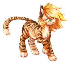 Size: 3511x3054 | Tagged: safe, artist:tigra0118, imported from derpibooru, oc, oc only, earth pony, original species, pony, tiger, blonde mane, colored paws, ear tufts, female, full body, green eyes, looking at something, pale belly, raised hoof, simple background, solo, standing, stripes, tiger pony, tiger stripes, traditional art, walking, watercolor painting, white background