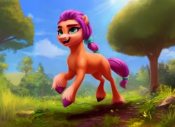 Size: 2816x2048 | Tagged: safe, generator:cookie sd a12, imported from derpibooru, sunny starscout, earth pony, pony, ai assisted, ai content, female, forest, g5, generator:stable diffusion, grass, happy, mare, prompter:siber, running, scenery, smiling, solo, tree, unshorn fetlocks