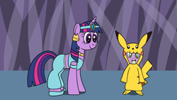 Size: 1920x1080 | Tagged: safe, artist:platinumdrop, imported from derpibooru, spike, twilight sparkle, pikachu, unicorn, aladdin, clothes, costume, halloween, halloween costume, holiday, jasmine, pokémon, request, unicorn twilight