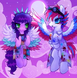 Size: 2947x3000 | Tagged: safe, artist:plushfurby, imported from derpibooru, pipp petals, zipp storm, oc, oc:pipp peroxide, oc:zipp zombie, pegasus, pony, fanfic:cupcakes, fanfic:rainbow factory, alternate hairstyle, alternate universe, blood, clothes, costume, creepypasta, fanfic art, female, flying, g5, goggles, male, mare, moon, night, night sky, nightmare night, nightmare night costume, rule 63, scene kid, siblings, sky, stallion, zip cyclone