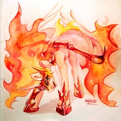 Size: 1728x1729 | Tagged: safe, artist:mithriss, imported from derpibooru, daybreaker, alicorn, pony, armor, fangs, female, fire, folded wings, grin, helmet, hoof shoes, looking at you, mane of fire, mare, open mouth, simple background, smiling, traditional art, watercolor painting, wings