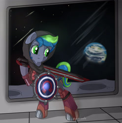 Size: 5000x5040 | Tagged: safe, artist:appleneedle, imported from derpibooru, oc, bat pony, pony, athena, borderlands, clothes, commission, cosplay, costume, moon, shield, space, station, sword, weapon