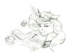 Size: 1500x1075 | Tagged: safe, artist:baron engel, imported from derpibooru, princess luna, alicorn, pony, cup, drink, female, grayscale, ice, mare, monochrome, nail, paper, pencil drawing, story in the source, story included, traditional art