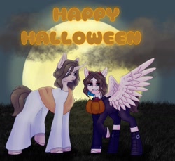 Size: 1418x1300 | Tagged: artist needed, source needed, useless source url, safe, imported from derpibooru, oc, oc only, pegasus, pony, unicorn, duo, happy halloween, moon, nightmare night, pumpkin bucket