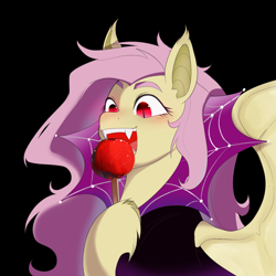 Size: 2048x2048 | Tagged: safe, artist:aztrial, imported from derpibooru, fluttershy, bat pony, pony, apple, black background, candy apple (food), cape, clothes, cute, eating, fangs, female, flutterbat, food, herbivore, mare, open mouth, race swap, shyabates, shyabetes, simple background, solo, unshorn fetlocks