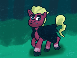 Size: 1600x1200 | Tagged: safe, artist:lotusflare, imported from derpibooru, sprout cloverleaf, earth pony, pony, cape, clothes, costume, g5, halloween, halloween costume, male, mlp fim's twelfth anniversary, my little pony: a new generation, night, smiling, solo, stallion, vampire costume
