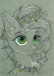 Size: 1024x1444 | Tagged: safe, artist:lailyren, imported from derpibooru, oc, oc only, pony, floral head wreath, flower, freckles, solo, traditional art