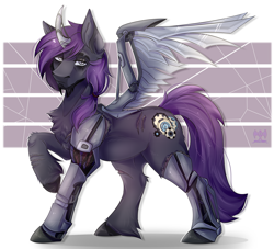 Size: 2200x2000 | Tagged: safe, artist:kwiateko, imported from derpibooru, oc, oc:vincent, alicorn, earth pony, pony, amputee, beard, facial hair, full body, horn, male, prosthetic limb, prosthetics, purple hair, scar, simple background, spread wings, stallion, standing, wings