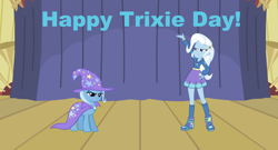 Size: 2014x1086 | Tagged: safe, artist:codyman44, imported from derpibooru, trixie, human, pony, unicorn, equestria girls, cape, clothes, female, human ponidox, magician outfit, mare, self paradox, self ponidox, solo, standing, trixie day