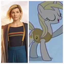 Size: 2880x2880 | Tagged: safe, imported from derpibooru, earth pony, human, pony, winter wrap up, background pony, comparison, doctor who, female, irl, irl human, jodie whittaker, mare, photo, thirteenth doctor, winter wrap up vest