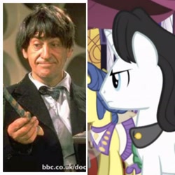 Size: 2880x2880 | Tagged: safe, imported from derpibooru, black marble, human, pony, unicorn, the best night ever, background pony, comparison, doctor who, irl, irl human, male, photo, second doctor, stallion