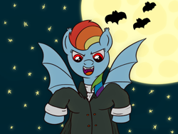 Size: 1200x900 | Tagged: safe, artist:m.w., imported from derpibooru, rainbow dash, bat, bat pony, pony, undead, vampire, alternate hairstyle, bat ponified, fangs, female, mare, mlp fim's twelfth anniversary, moon, nightmare night, open mouth, open smile, race swap, rainbowbat, red eyes, smiling, solo