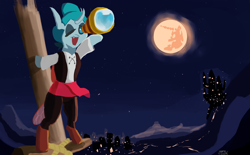 Size: 4530x2800 | Tagged: safe, artist:tazool, imported from derpibooru, ocellus, changeling, canterlot, cookie run, female, mare in the moon, mlp fim's twelfth anniversary, moon, night, nightmare night, one eye closed, open mouth, pirate, ponyville, solo, sorbet shark cookie, stars, telescope