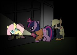 Size: 1772x1260 | Tagged: safe, artist:sanav1, imported from derpibooru, applejack, fluttershy, twilight sparkle, clothes, cosplay, costume, darkness, flashlight (object), halloween, holiday, michael myers, mlp fim's twelfth anniversary, phantom of the opera, velma dinkley