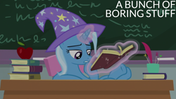 Size: 1920x1080 | Tagged: safe, edit, edited screencap, editor:quoterific, imported from derpibooru, screencap, trixie, a horse shoe-in, apple, book, chalkboard, food, magic, school of friendship, solo, telekinesis