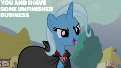 Size: 1920x1080 | Tagged: safe, edit, edited screencap, editor:quoterific, imported from derpibooru, screencap, trixie, magic duel, alicorn amulet, cape, clothes, solo