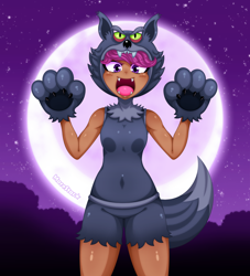 Size: 2000x2200 | Tagged: safe, artist:morestar, imported from derpibooru, scootaloo, human, werewolf, breasts, clothes, costume, fangs, halloween, halloween costume, holiday, humanized, looking at you, moderate dark skin, open mouth, paw gloves, scootawolf