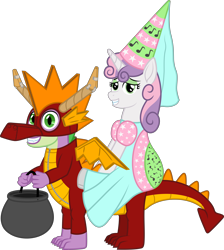 Size: 6625x7382 | Tagged: safe, artist:moonlight bloom, imported from derpibooru, spike, sweetie belle, dragon, pony, unicorn, .svg available, absurd resolution, bipedal, clothes, costume, costume dragon, dress, female, filly, foal, hat, hennin, lidded eyes, looking at you, male, nightmare night, nightmare night costume, older, older spike, older sweetie belle, ponies riding dragons, princess, princess costume, princess sweetie belle, quadsuit, riding, simple background, smiling, tape, teenage spike, teenage sweetie belle, teenager, transparent background, two-person costume, vector