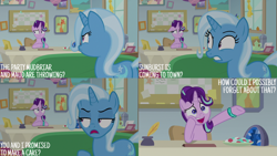 Size: 4400x2475 | Tagged: safe, edit, edited screencap, editor:quoterific, imported from derpibooru, screencap, starlight glimmer, trixie, pony, unicorn, student counsel, bracelet, duo, duo female, female, floppy ears, forgetful, forgetting, frown, geode, implied maud pie, implied mudbriar, implied sunburst, inkwell, jewelry, nervous, open mouth, open smile, quill, smiling, starlight's office, trixie is not amused, unamused