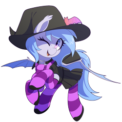 Size: 1000x1000 | Tagged: safe, artist:thebatfang, imported from derpibooru, oc, oc only, oc:lucky roll, bat pony, pony, bat pony oc, choker, clothes, cute, dress, eye clipping through hair, hat, looking at you, ocbetes, one eye closed, scarf, simple background, socks, solo, spread wings, striped scarf, striped socks, transparent background, wings, wink, winking at you, witch costume, witch hat