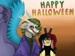 Size: 1034x772 | Tagged: safe, artist:frikiflash, imported from derpibooru, discord, fluttershy, draconequus, pegasus, pony, antlers, clothes, costume, dc comics, discoshy, duo, duo male and female, eyebrows, female, gradient background, grin, halloween, halloween costume, harley quinn, holiday, horn, joker, jokercord, looking at you, makeup, male, mare, peace sign, shipping, smiling, smiling at you, spread wings, straight, wings