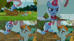 Size: 4400x2475 | Tagged: safe, edit, edited screencap, editor:quoterific, imported from derpibooru, screencap, snails, snips, trixie, pony, unicorn, magic duel, alicorn amulet, bucktooth, cart, colt, don't trust wheels, evil trixie, female, foal, frown, magic, male, mare, open mouth, sweat, telekinesis, that pony sure does hate wheels, trio, wheels trixie