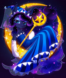 Size: 1280x1503 | Tagged: safe, artist:astralblues, imported from derpibooru, princess luna, alicorn, pony, chest fluff, clothes, collaboration, collaboration:nightmare night event (2022), cookie run, crescent moon, dress, ear tufts, female, key, looking at you, mare, moon, moonlight cookie, smiling, smiling at you, solo, tangible heavenly object