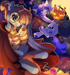 Size: 1280x1366 | Tagged: safe, artist:astralblues, imported from derpibooru, oc, oc only, oc:solstice breeze, pegasus, pony, unicorn, candy, cape, clothes, food, glasses, halloween, holiday, jack-o-lantern, moon, pocket watch, pumpkin, scythe