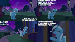 Size: 4400x2475 | Tagged: safe, edit, edited screencap, editor:quoterific, imported from derpibooru, screencap, trixie, twilight sparkle, alicorn, pony, unicorn, no second prances, blatant lies, crying, duo, duo female, eyes closed, female, frown, implied starlight glimmer, mare, open mouth, sad, twilight sparkle (alicorn)