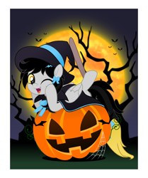 Size: 4188x5000 | Tagged: safe, artist:jhayarr23, imported from derpibooru, oc, oc only, oc:lightning dee, bat, pegasus, pony, broom, cape, clothes, commission, fangs, female, folded wings, halloween, hat, holiday, jack-o-lantern, mare, moon, night, night sky, one eye closed, pumpkin, sky, solo, spider web, tree, wings, wink, witch hat, ych result