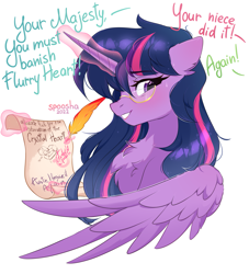 Size: 2055x2266 | Tagged: safe, artist:spoosha, imported from derpibooru, twilight sparkle, alicorn, pony, bust, chest fluff, crystal heart, dialogue, glasses, glowing, glowing horn, horn, implied flurry heart, letter, levitation, magic, magic aura, offscreen character, quill, simple background, solo, sweat, sweatdrops, telekinesis, twilight sparkle (alicorn), white background