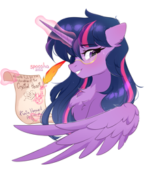 Size: 2055x2266 | Tagged: safe, alternate version, artist:spoosha, imported from derpibooru, twilight sparkle, alicorn, pony, bust, chest fluff, glasses, glowing, glowing horn, horn, implied flurry heart, letter, levitation, magic, quill, simple background, solo, sweat, sweatdrops, telekinesis, textless, textless version, twilight sparkle (alicorn), white background