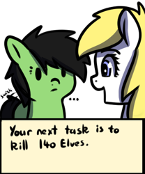 Size: 381x459 | Tagged: safe, artist:neuro, imported from derpibooru, oc, oc only, oc:aryanne, oc:filly anon, earth pony, pony, ..., duo, female, filly, foal, mare, open mouth, quest, runescape, simple background, smiling, text box, transparent background