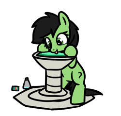 Size: 490x468 | Tagged: safe, artist:neuro, imported from derpibooru, oc, oc only, oc:filly anon, earth pony, pony, bipedal, bipedal leaning, bottle, drinking, female, filly, foal, fountain, lapping, leaning, runescape, simple background, solo, tongue out, transparent background, water