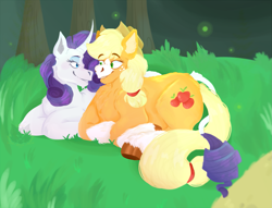 Size: 2147x1644 | Tagged: safe, artist:electricalpawz, imported from derpibooru, applejack, rarity, earth pony, pony, unicorn, cuddling, female, lesbian, looking at each other, looking at someone, lying down, prone, rarijack, shipping, smiling, smiling at each other, unshorn fetlocks