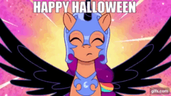 Size: 640x360 | Tagged: safe, edit, edited screencap, imported from derpibooru, screencap, nightmare moon, sunny starscout, earth pony, pony, spoiler:g5, spoiler:my little pony: tell your tale, spoiler:tyts01e30, animated, caption, cosplay, costume, eyes closed, fake horn, fake wings, female, g5, gif, gifs.com, image macro, mare, my little pony: tell your tale, nightmare moon armor, nightmare night costume, nightmare night party, nightmare sunny, spread wings, text, wings