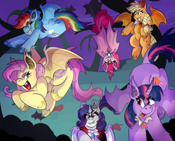 Size: 1752x1411 | Tagged: safe, artist:electricalpawz, idw, imported from derpibooru, applejack, fluttershy, pinkie pie, rainbow dash, rarity, twilight sparkle, alicorn, bat pony, bat pony alicorn, pony, night of the living apples, applebat, bat ponified, bat wings, cape, clothes, fangs, female, flutterbat, halloween, holiday, horn, mane six, mare, pinkiebat, race swap, raribat, twibat, twilight sparkle (alicorn), wings